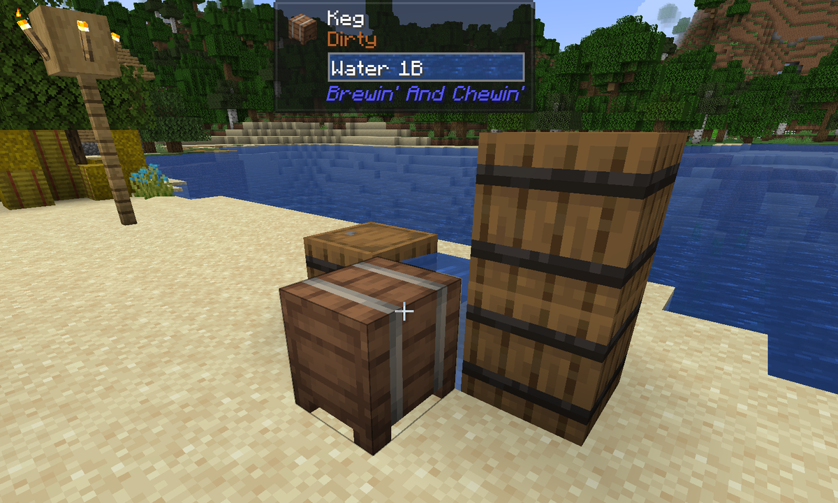 A Brewin' and Chewin' Keg beside barrels on a lakeshore, with Jade naming its water Dirty