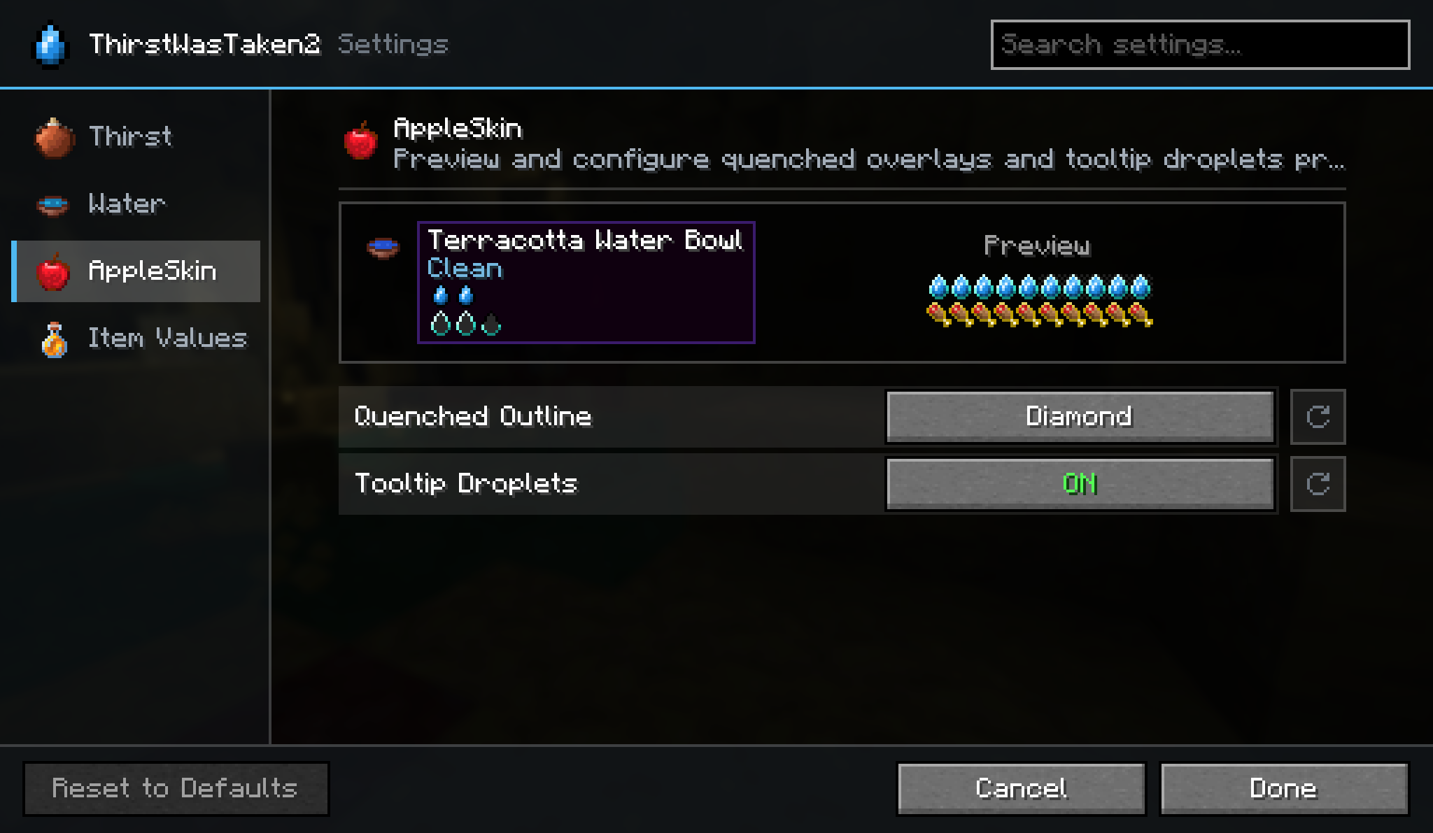 The AppleSkin page, with a live preview of the thirst bar and a drink's tooltip