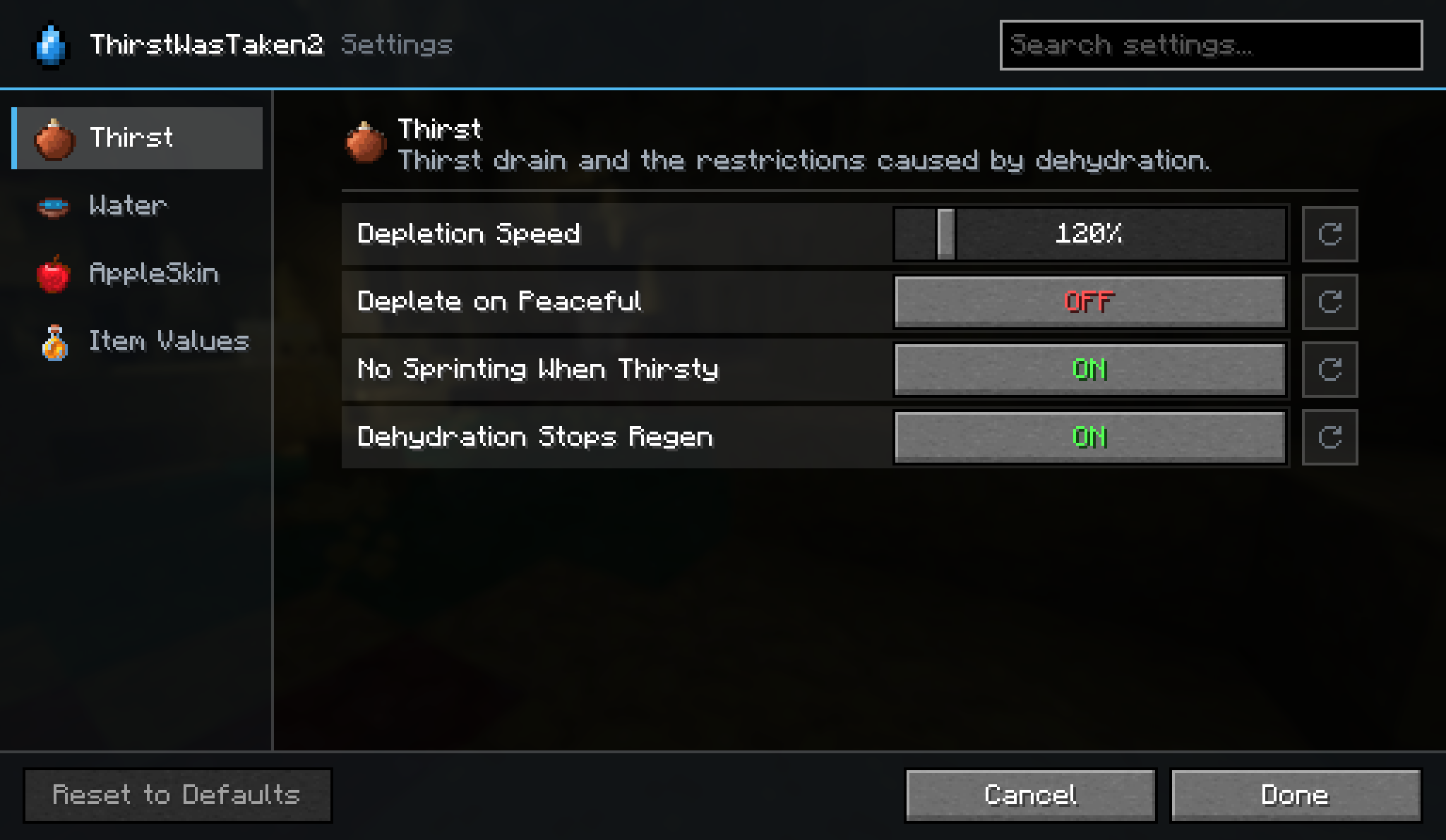 The config screen, with a tab for each group of settings on the left