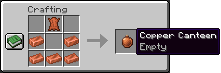 Leather on top and five copper ingots in a U below make a Copper Canteen