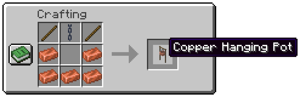 Two sticks and a chain across the top, five copper ingots in a U below, make a Copper Hanging Pot