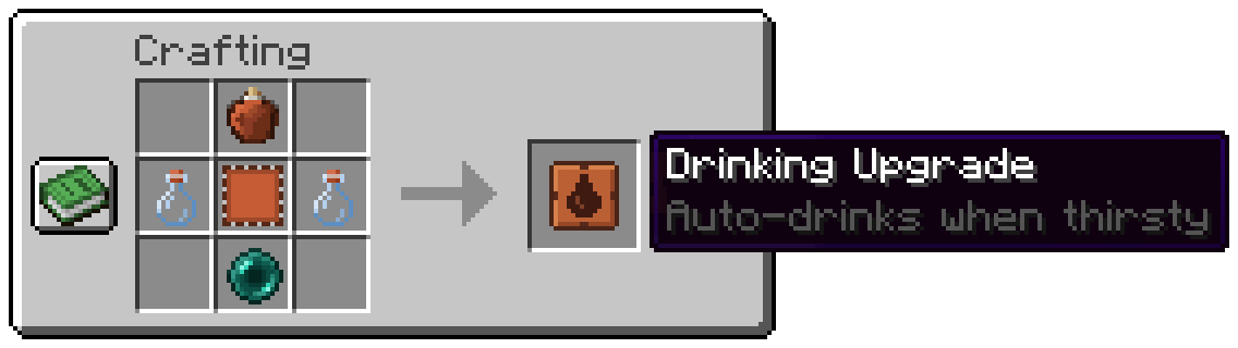 A waterskin, two glass bottles, an Upgrade Base and an Ender Pearl make a Drinking Upgrade