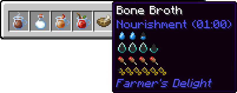 Farmer's Delight drinks and bone broth in the hotbar, with the bone broth tooltip showing thirst and hunger