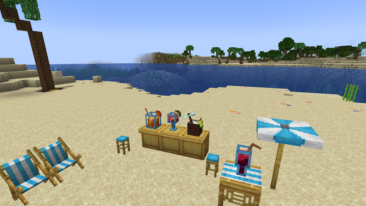 A palm bar with three cocktails on a beach, bar stools, deck chairs, and a cocktail on a table under a parasol, the sea and palm trees behind