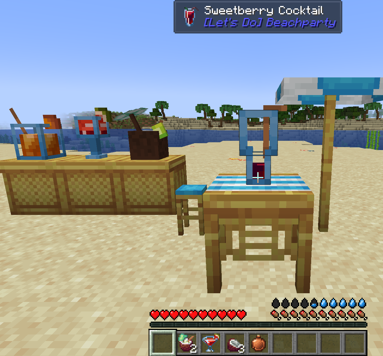 A player looking at a half drunk Sweetberry Cocktail on a beach table, the thirst bar part full