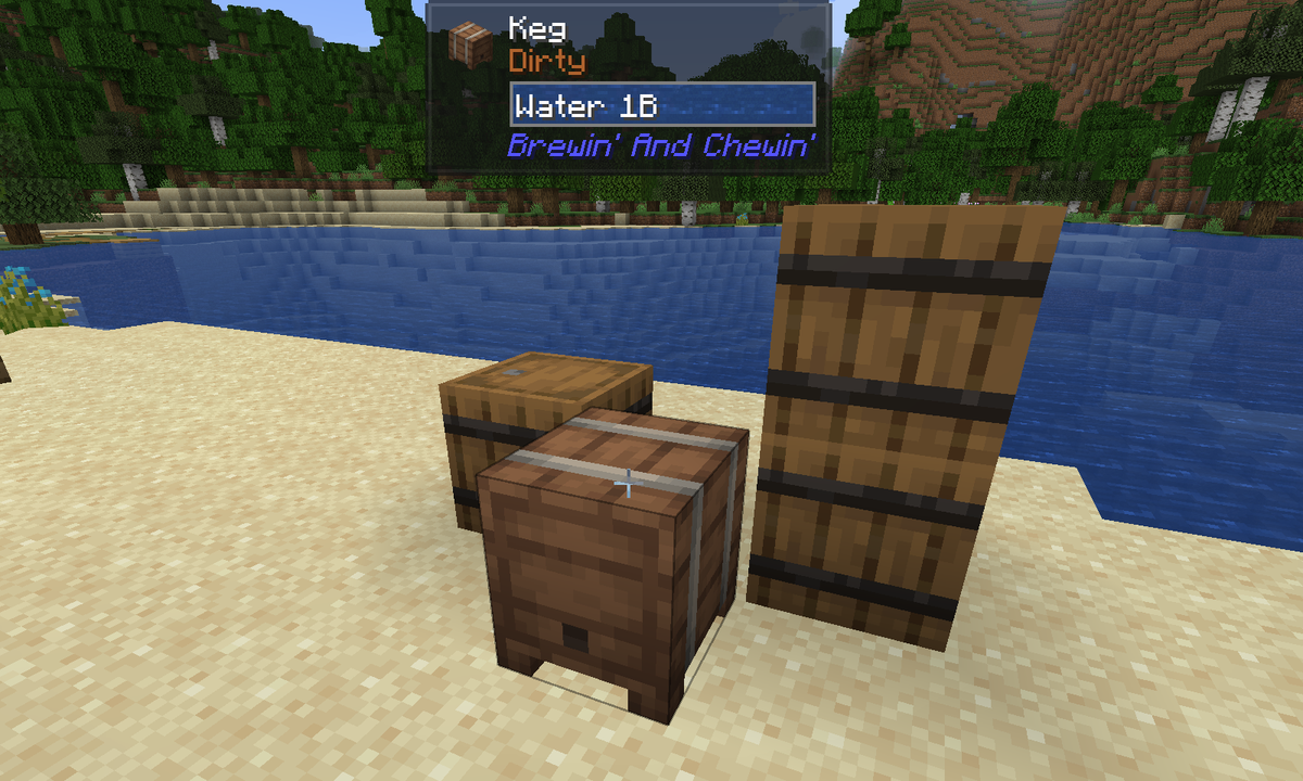 A Brewin' and Chewin' Keg beside barrels on a lakeshore, with Jade naming its water Dirty