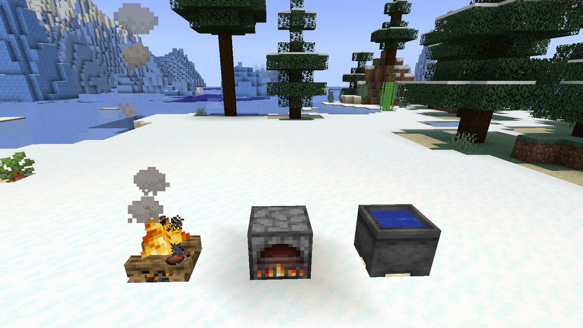 A lit Boiler on the snow between a campfire warming two Waterskins and a water cauldron, ice spikes behind