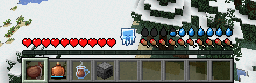 A snowy taiga by a frozen river and ice spikes, with Cold Sweat's body temperature gauge between the hearts and the thirst bar