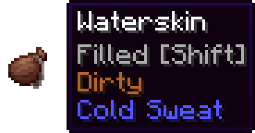 Cold Sweat's filled Waterskin and its tooltip, the grade line stepping through Dirty, Murky, Clean, Pure and Salty