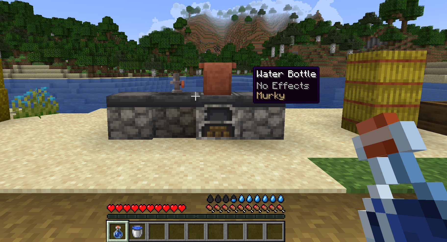 A player at a Candlelight kitchen, holding a bottle just filled at the sink, its tooltip reading Murky