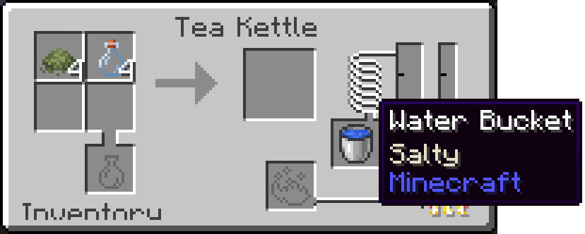 The Tea Kettle's screen with a bucket of sea water in its water slot, its tooltip reading Salty, and the water gauge empty