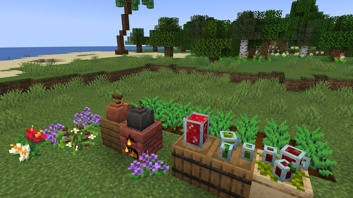 A Tea Kettle and a Copper Tea Kettle on a stove in a meadow, beside a Jug and cups of tea on barrels and a row of tea bushes