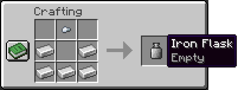An iron nugget on top and five iron ingots in a U below make an Iron Flask