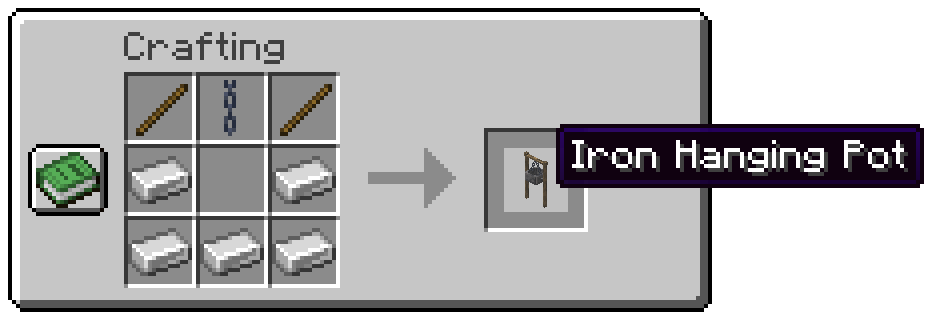 Two sticks and a chain across the top, five iron ingots in a U below, make an Iron Hanging Pot