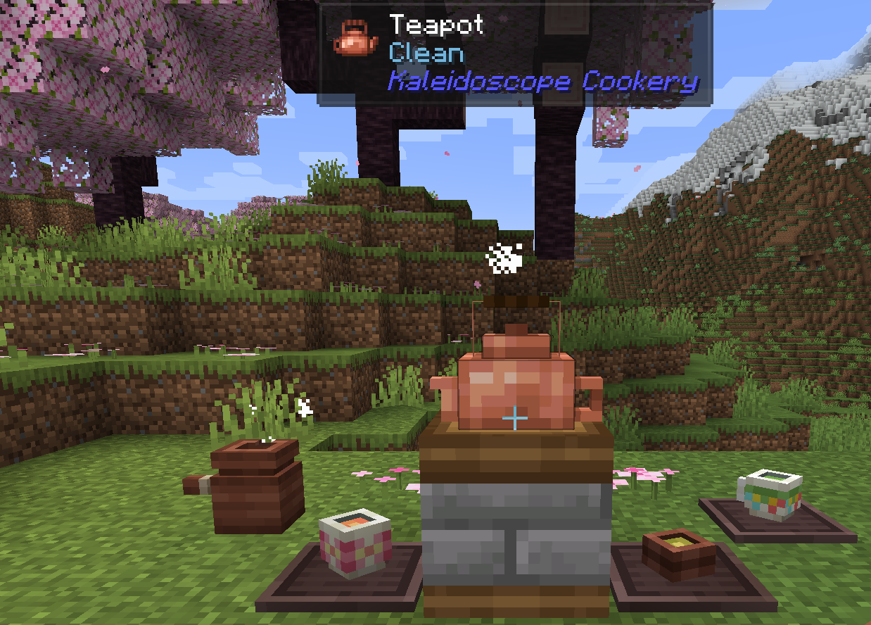 A Teapot on a lit Stove among teacups in a cherry grove, with Jade naming its water Clean