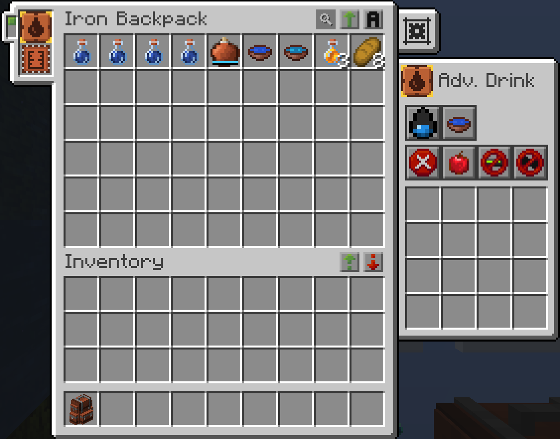 A backpack of water bottles, a waterskin, water bowls and honey bottles, with the Advanced Drinking Upgrade's settings open